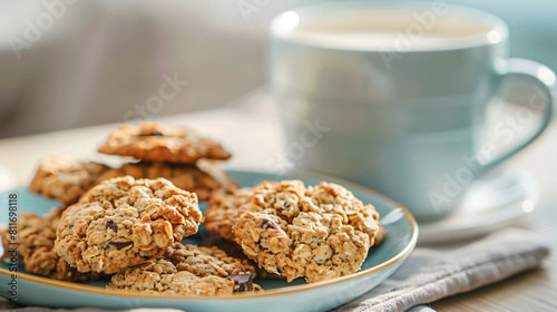 Plate with delicious oatmeal cookies and cup of milk o