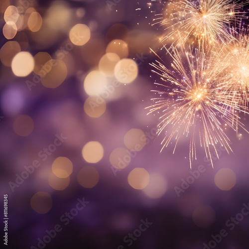 Purple and gold bokeh background with sparkles. Gold and dark violet fireworks. New Year background. Generative AI.