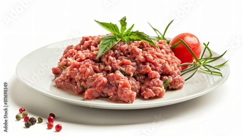 Plate with fresh forcemeat on white background