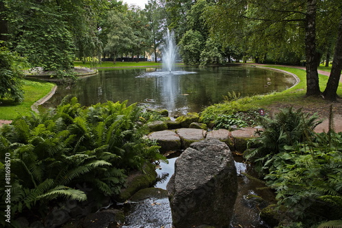 Photography Pond with fountain in public park Slottsparken at the Royal Palace in Oslo, Norw