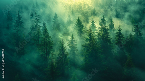 A forest with trees and fog.