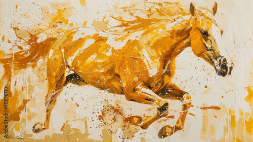 A painting of a horse with its head and neck extended
