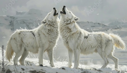 A pair of arctic wolves howling in unison, their haunting calls echoing across the vast Arctic wilderness