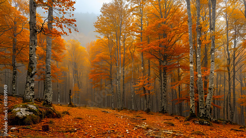 A foggy forest with orange trees and leaves. photo