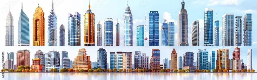 Fototapeta premium Skyscraper set, white background, high rise, super tall, giant skyscraper collection, apartment, perspective, contemporary, 3D, bank, property, real estate, smart，Contemporary High-Rise Skyscraper 