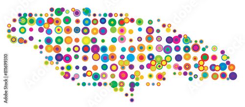Abstract map of Jamaica drawn with overlapping colored circles like sweets or candies
