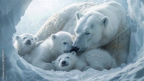 A polar bear mother nursing her cubs in a snow den, showcasing the cycle of life in the Arctic ecosystem photo