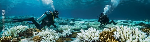 Two people are scuba diving in the ocean