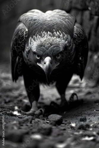 A Majestic Eagle Cautiously Scurrying in an Gritty Urban Setting with a Film Noir inspired Monochrome Aesthetic