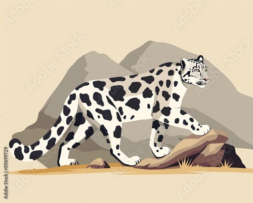 Habitat snow leopard tracking flat design side view mountain conservation theme cartoon drawing Analogous Color Scheme photo