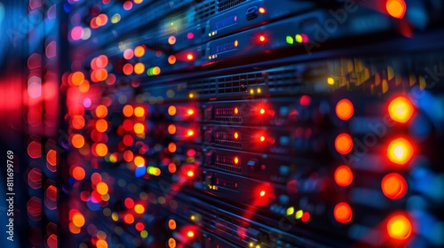Abstract image of a server room. Glowing red and yellow lights in the dark.