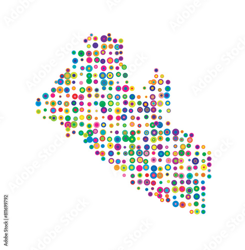 Abstract map of Liberia drawn with overlapping colored circles like sweets or candies
