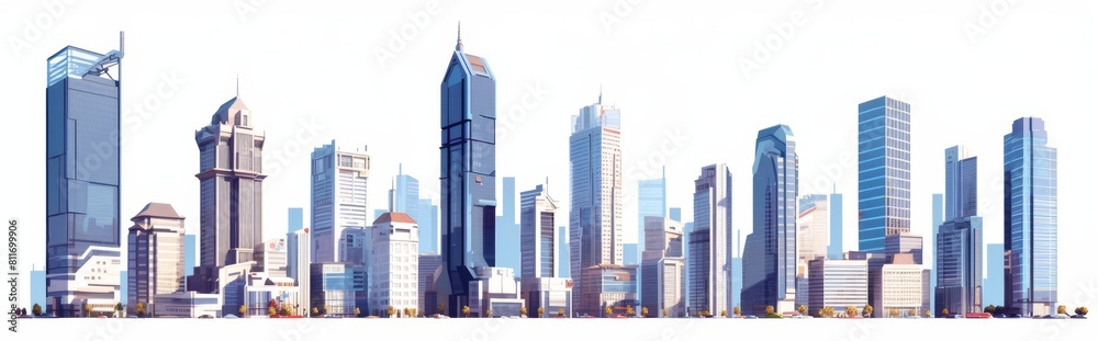 Naklejka premium Skyscraper set, white background, high rise, super tall, giant skyscraper collection, apartment, perspective, contemporary, 3D, bank, property, real estate, smart，Contemporary High-Rise Skyscraper 