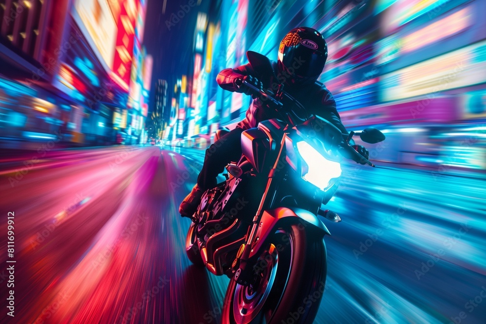 Blurred colorful motion of a motorcyclist in the city at night, AI-generated.