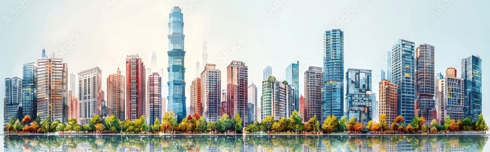 Fototapeta premium Skyscraper set, white background, high rise, super tall, giant skyscraper collection, apartment, perspective, contemporary, 3D, bank, property, real estate, smart，Contemporary High-Rise Skyscraper 