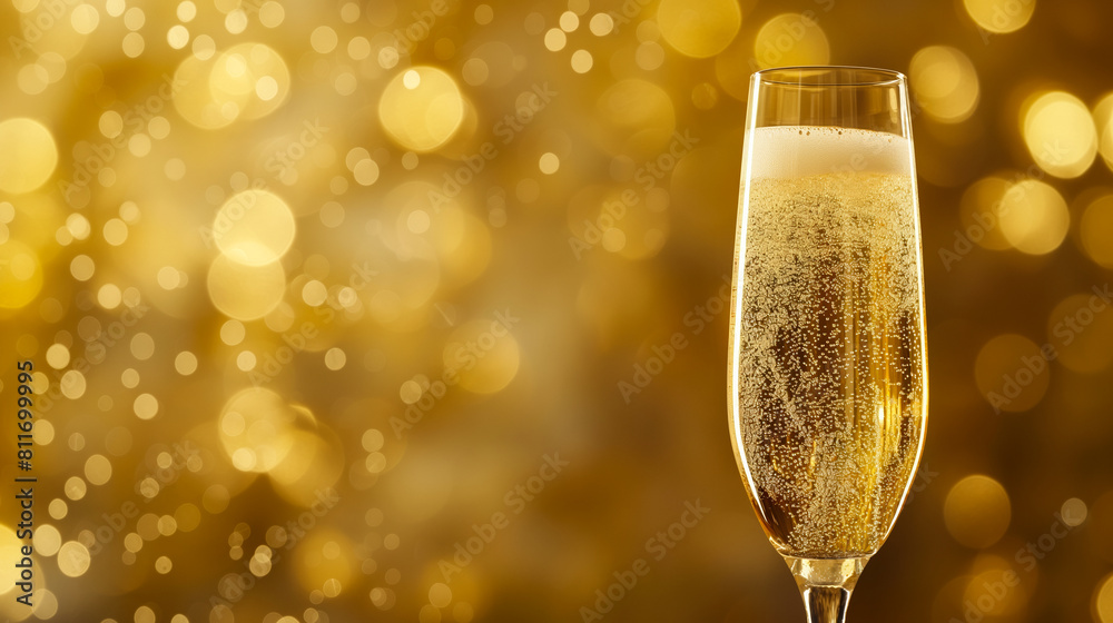 A chic flute of champagne, bubbles ascending in a delicate stream, against a soft, shimmering gold blurred background 