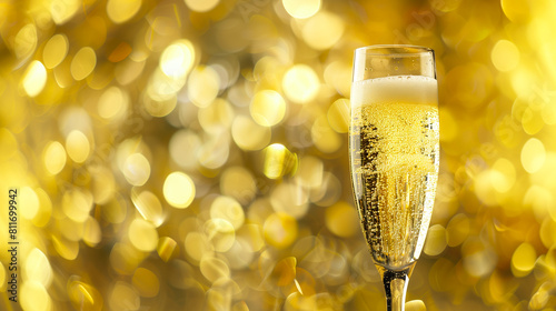 A chic flute of champagne, bubbles ascending in a delicate stream, against a soft, shimmering gold blurred background 
