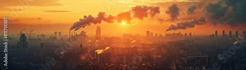 City in the smog at sunset. The air is polluted.
