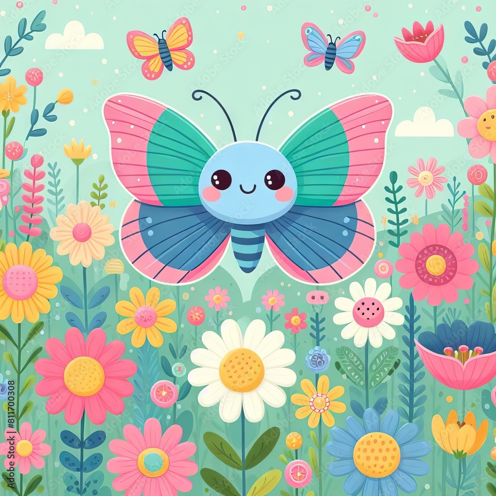 Cute cartoon butterfly in colorful meadow flower field. flat cartoon aesthetic style Cute cartoon butterfly in colorful meadow flower field. flat cartoon aesthetic style
