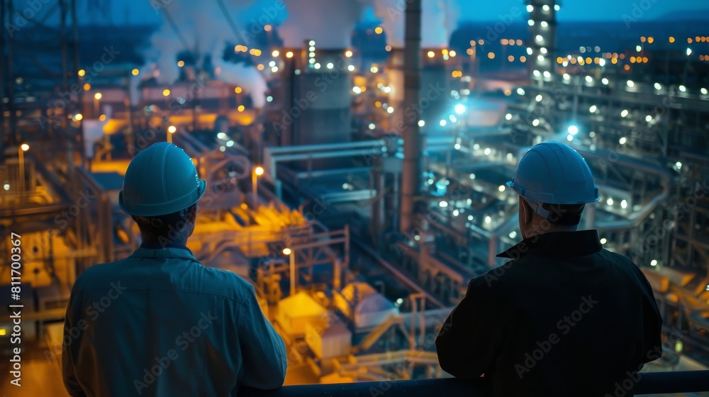 Two engineers in hard hats looking out over an industrial high voltage production plant Power plants, nuclear reactors, energy industries
