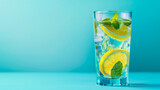 A crystal-clear water glass, with vibrant lemon and mint leaves floating inside, set against a refreshing blue gradient background 