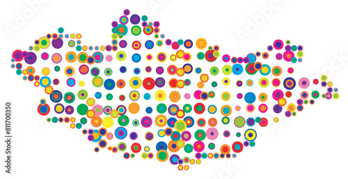 Abstract map of Mongolia drawn with overlapping colored circles like sweets or candies