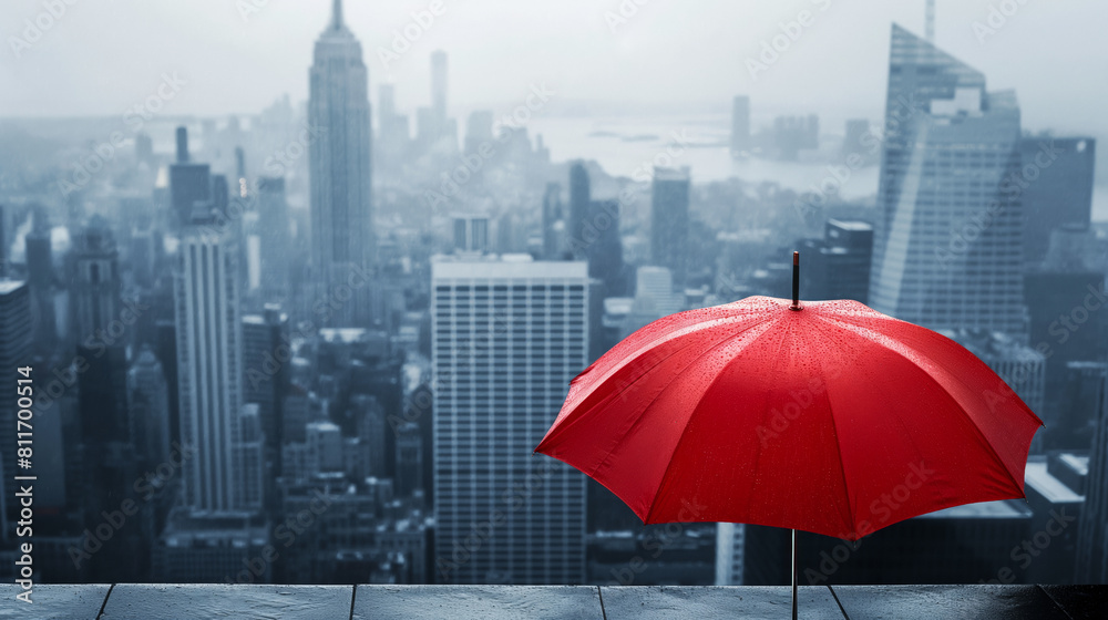 A dramatic scene of a single red umbrella amidst a minimalist, grey cityscape, representing urban isolation during rainy seasons 