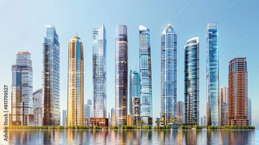 Obraz premium Skyscraper set, white background, high rise, super tall, giant skyscraper collection, apartment, perspective, contemporary, 3D, bank, property, real estate, smart，Contemporary High-Rise Skyscraper 