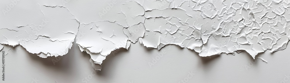 Close-up of a white painted wall with cracks and peeling paint.