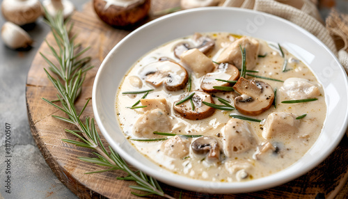 A white plate with, creamy chicken and mushroom soup, garnished with mushrooms and rosemary leaves top view