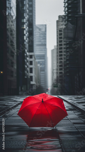 A dramatic scene of a single red umbrella amidst a minimalist  grey cityscape  representing urban isolation during rainy seasons 