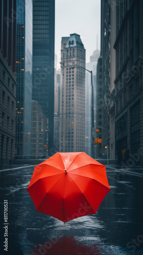 A dramatic scene of a single red umbrella amidst a minimalist, grey cityscape, representing urban isolation during rainy seasons  © fotogurmespb