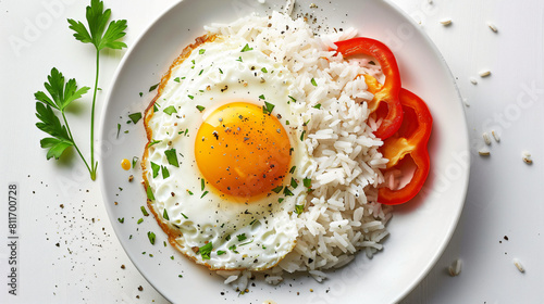 Plate with tasty egg pepper and rice on white background