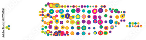 Abstract map of Puerto Rico drawn with overlapping colored circles like sweets or candies