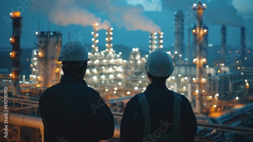 Two engineers looking at an oil refinery at night high voltage production plant Power plants, nuclear reactors, energy industries 