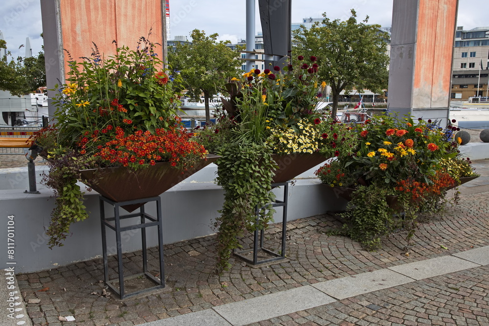 Flower pots on a street in Gothenburg, Sweden, Europe
