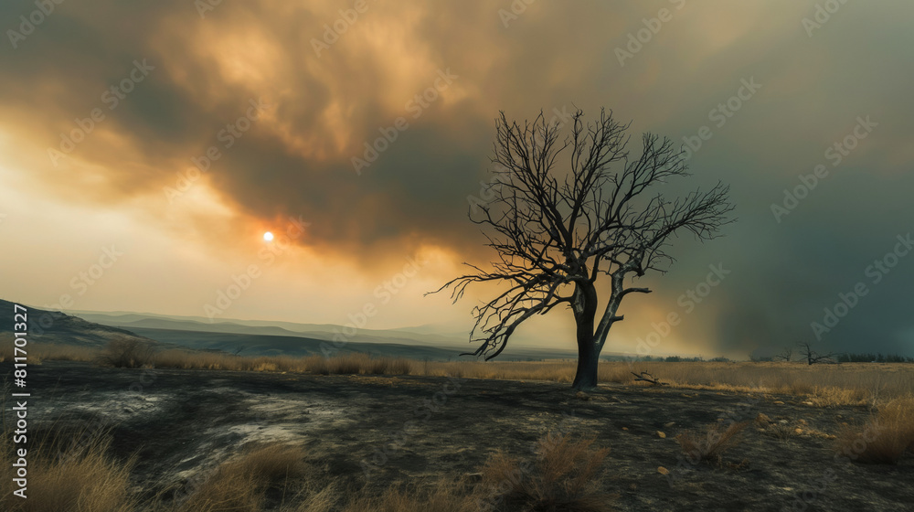 A poignant depiction of a wildfire, with a single charred tree in a barren, ash-covered landscape under a smoky sky A poignant depiction of a wildfire, with a single charred tree in a barren, ash-covered landscape under a smoky sky