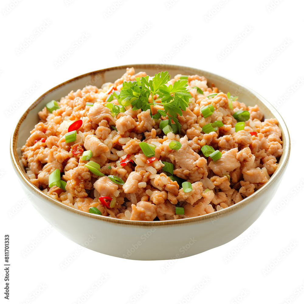 Spicy Minced Chicken Salad with Fresh Herbs in White Bowl, isolated, transparent background, white background, no background Spicy Minced Chicken Salad with Fresh Herbs in White Bowl, isolated, transparent background, white background, no background
