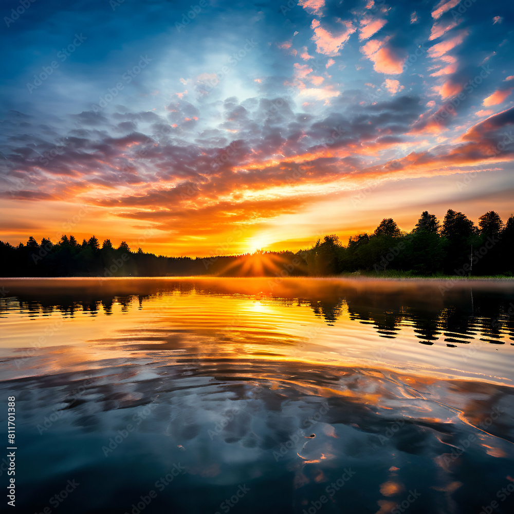 serene lake sunrise with ripple effect,Smooth surface of a calm lake reflecting the sky at sunset, minimal ripples.generative.ai
