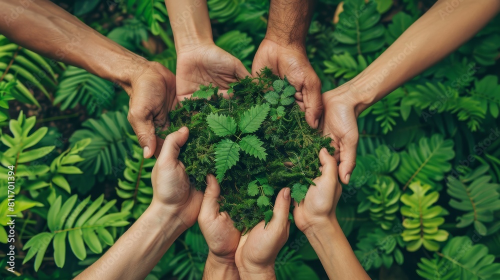 Hands of diverse people holding green plant, protecting nature, sustainable development, environmental protection concept.
