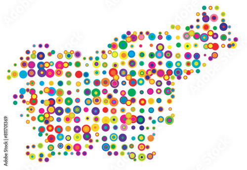 Abstract map of Slovenia drawn with overlapping colored circles like sweets or candies