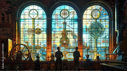Conceptual stained glass depicting a timeline of technological advancements from the steam engine to AI