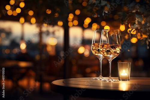 Glass of white wine on a wooden table in a restaurant at sunset