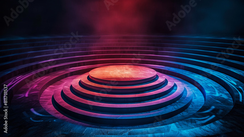 A public speaker’s stage designed as a minimalist circle in the center of an amphitheater, with sound waves visible in the air as colored ripples  photo