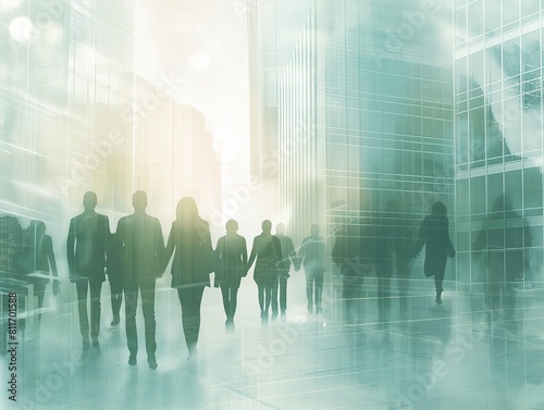 Silhouettes of business people in motion against an ethereal cityscape backdrop.