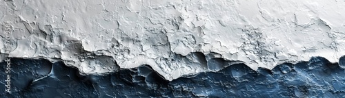 The image is a close-up of a cracked and peeling white and blue painted wall.