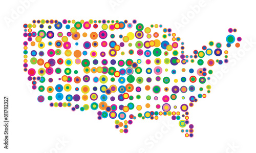 Abstract map of the United States of America drawn with overlapping colored circles like sweets or candies