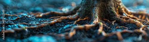 The image is a close-up of a tree root system. The roots are growing in a dense network, and they are covered in a thin layer of soil. The background is a blur of blue-green water.