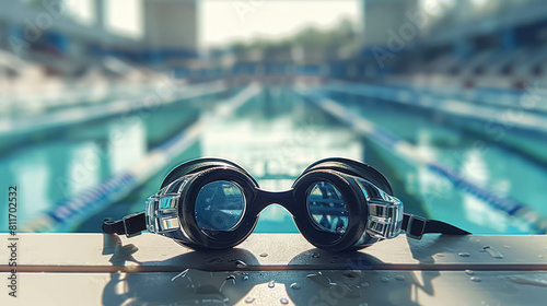 Close Up View Of Swimming Googles On The Edge of An Olympic-Size Swimming Pool