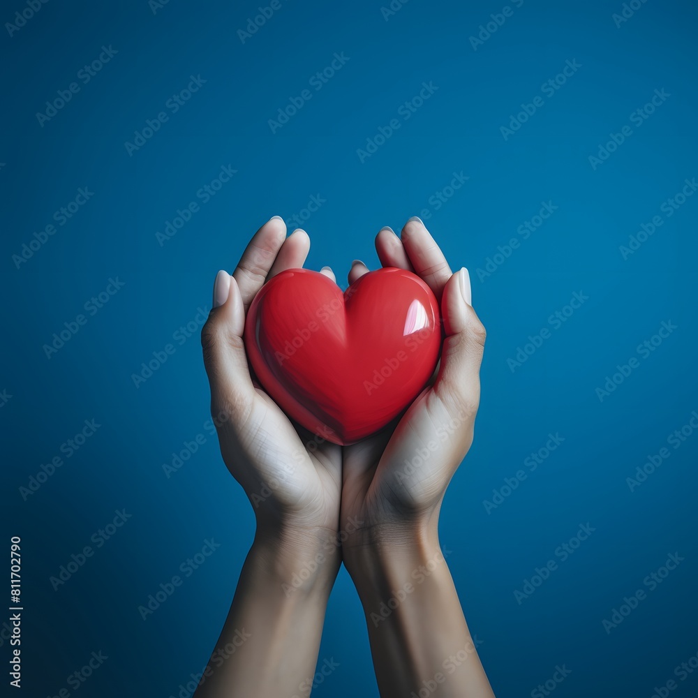 Obraz premium Two hands holding a red heart. Generative AI.